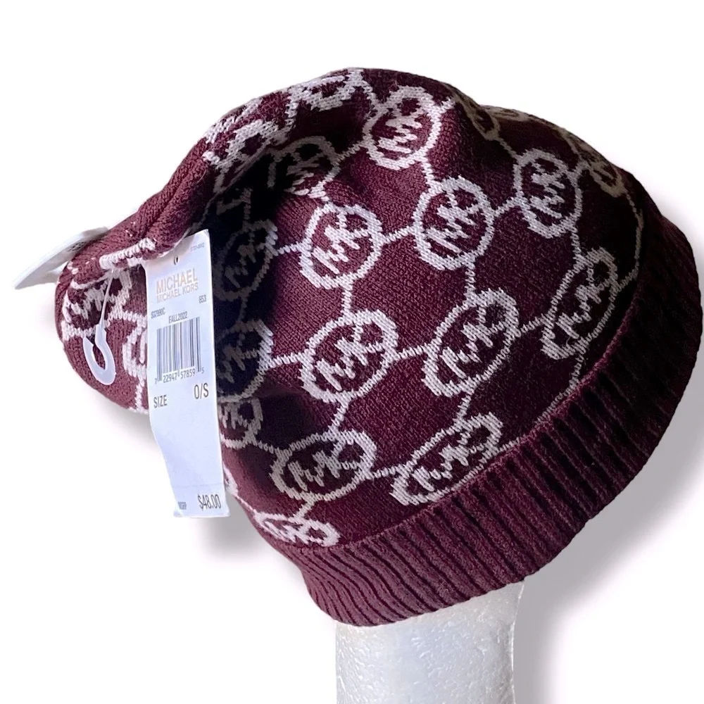 Michael Kors Rib Knit Beanie All-Over MK Print Burgundy White One Size NWT